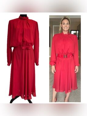 Red Long-Sleeve Belted Midi Dress